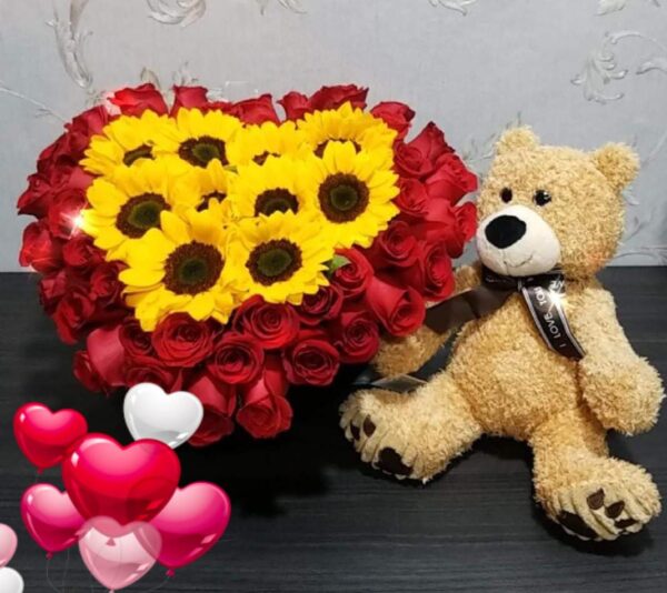 corazon-con-rosas-girasoles-y-peluche-floristeria-soyapango